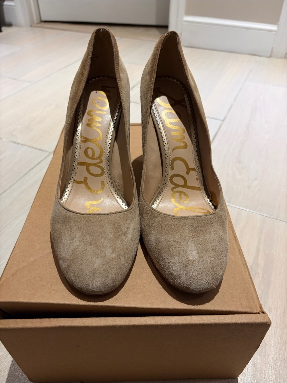Sam Edelman Taupe Suede Round-Toe Pumps